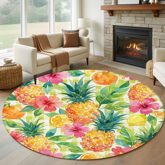 Summer Pineapple Round Area Rug 6Ft Washable Circle Rugs for Bathroom Office, Tropical Fruits Lemon Sage Green Plaid Non-Slip Carpet Floor Mats Indoor Outdoor Carpet Runner Aesthetic Home Decor