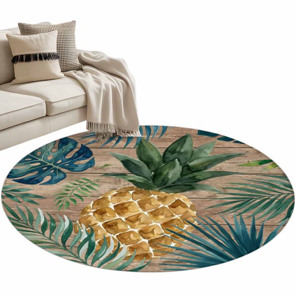 Summer Pineapple Round Rug 3ft Washable Circle Entryway Rugs Non Slip Brown Wood Tropical Palm Monstera Leaves Area Rug Indoor Floor Carpet for Bedroom Kitchen Living Room Office Dining Room Nursery