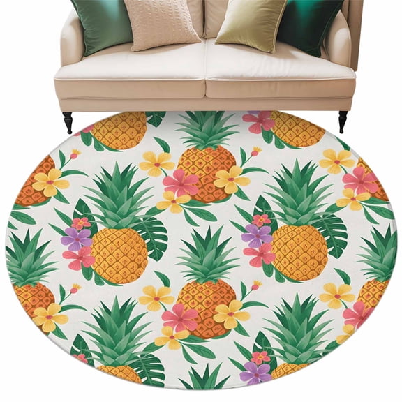 Summer Pineapple Round Rug 7ft Washable Circle Rugs Non Slip Tropical Fruit Flowers Palm Leaves Large Area Rug Indoor Floor Carpet for Bedroom Kitchen Living Room Home Office Dining Room Nursery