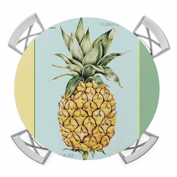 Summer Pineapple Round Tablecloth for 36-44 Inch Tables,Fitted Table Cover with Elastic Edge,Yellow Blue Green Striped Geometric Waterproof Outdoor Table Cloth Protector for Patio Garden Dinner