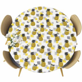 Summer Pineapple Round Tablecloth, Fitted Table Cover with Elastic for 36"-44" Round Tables, Tropical Plants Fruit Yellow Grey Blocks Table Cloth Outdoor Indoor Dinning Party Waterproof Tablecloths