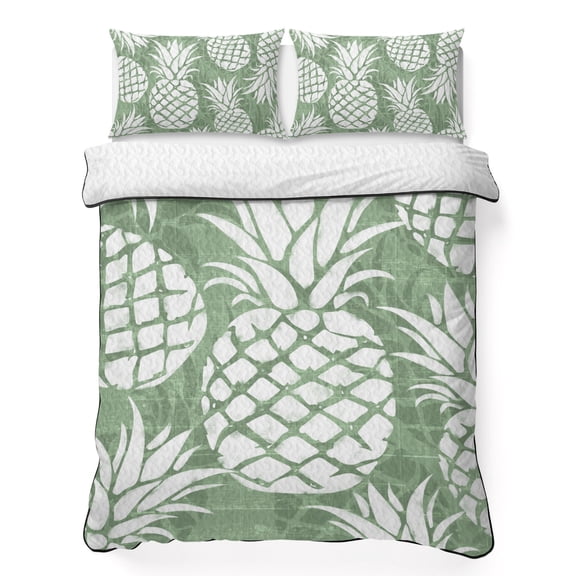 Summer Pineapple Sage Green Quilt Set for King Size, Lightweight Summer Bedspread, Farm Fruit Harvest Soft Coverlet Bedding Set for All Season - 3 Pieces (1 Quilt, 2 Pillow Shams)