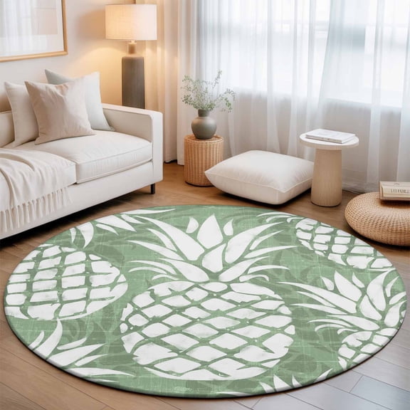 Summer Pineapple Sage Green Round Area Rug 5ft,Living Room Rug Non-Slip Washable Circle Rugs Pad,Farm Fruit Harvest Soft Floor Carpet for Bedroom Dining Room