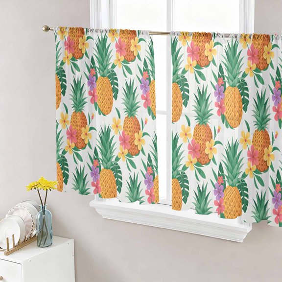 Summer Pineapple Sheer Curtains 54 Inch Length 2 Panels Set, Tropical Fruit Flowers Palm Leaves Voile Window Treatment Rod Pocket Short Kitchen Curtains Drapes for Bedroom 52"x54"x2