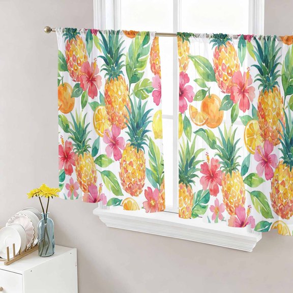 Summer Pineapple Sheer Curtains 54 Inch Length 2 Panels Set, Tropical Fruits Lemon Watercolor Voile Window Treatment Rod Pocket Short Kitchen Curtains Drapes for Bedroom 52"x54"x2