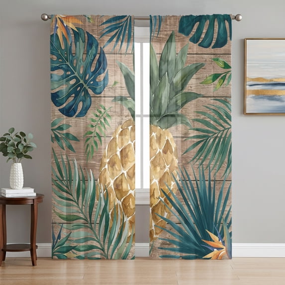 Summer Pineapple Sheer Curtains 72 Inch Length 2 Panels Set, Brown Wood Tropical Palm Monstera Leaves Voile Window Treatment Rod Pocket Curtains Sheers for Bedroom/Living Room/Kitchen 52"x72"x2