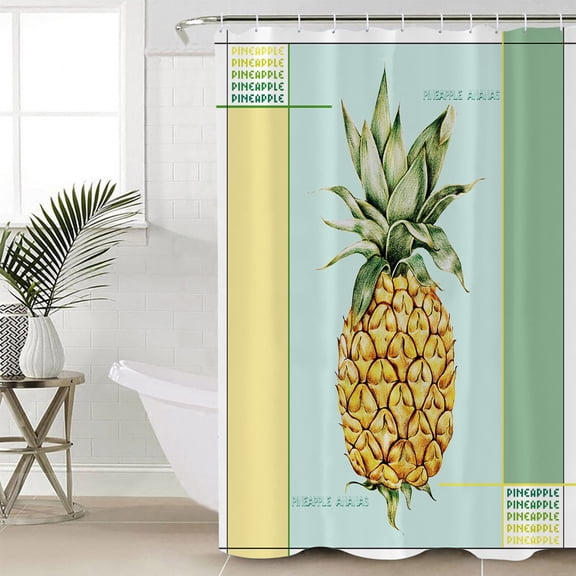 Summer Pineapple Shower Curtain Set, Waterproof Shower Curtains for Bathroom, Yellow Blue Green Striped Geometric Washable Fabric Cloth Bath Curtain for Bathtub Decoration with Hooks 66x72 Inches