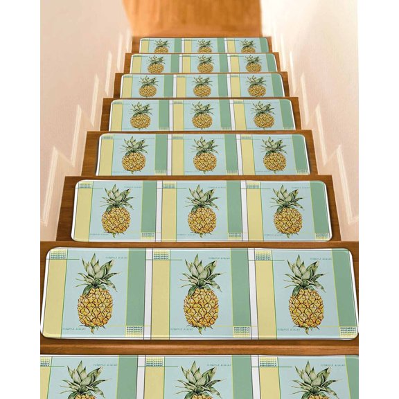 Summer Pineapple Stair Treads for Wooden Steps Indoor Runner Rug Carpet, Yellow Blue Green Striped Geometric 4 Pieces Peel and Stick Staircase Step Treads Covers Washable Throw Door Mats, 30"x8"