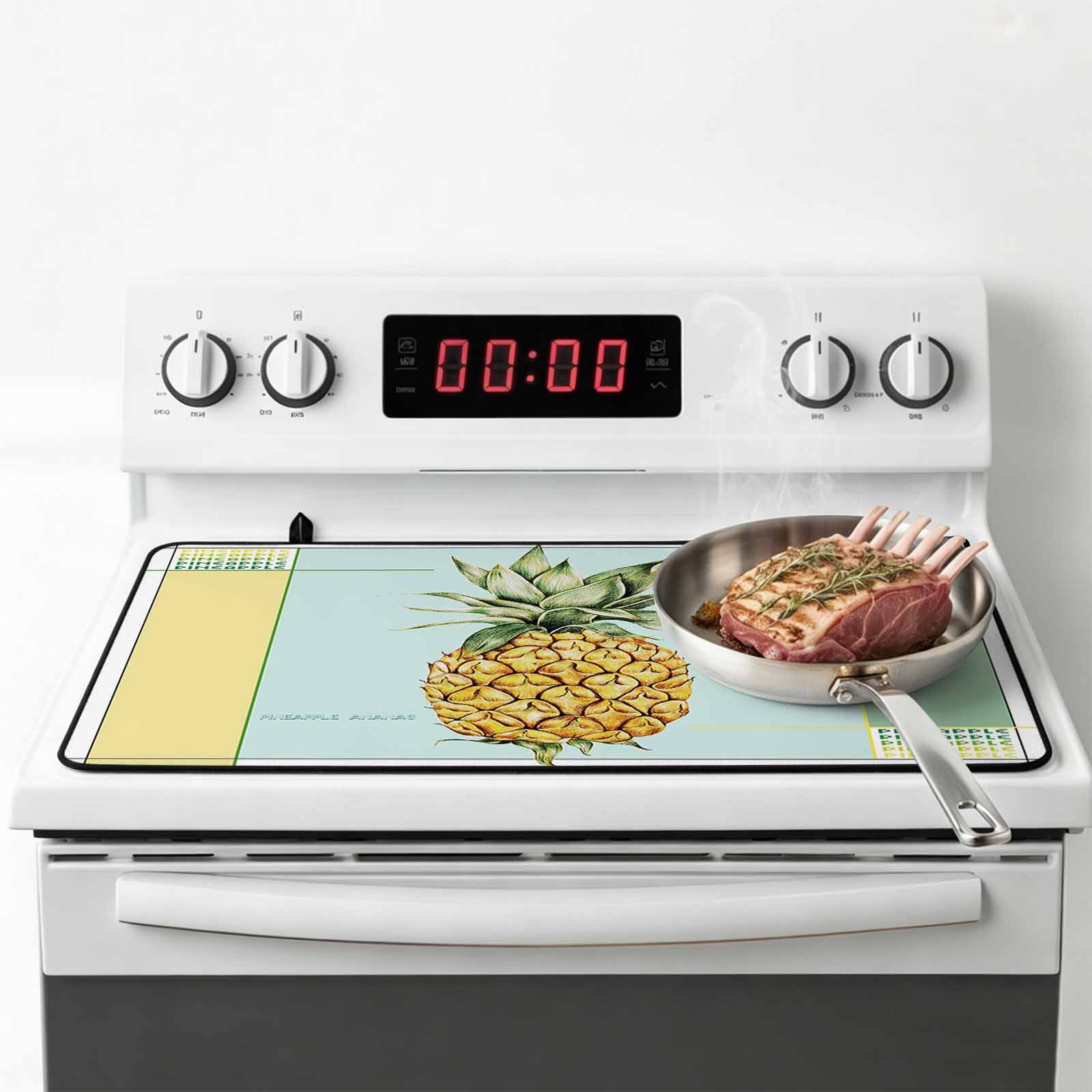 Summer Pineapple Stove Top Cover for Electric Stove, Heat-proof & Non Slip Glass Top Stove Cover Protector, Yellow Blue Green Striped Geometric Kitchen Flat Cooktop Rubber Mat 24x21 Inches