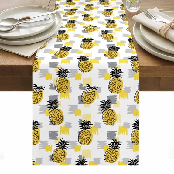 Summer Pineapple Table Runner - 108 Inch Long, Kitchen Dining Table Runner Dresser Scarves, Tropical Plants Fruit Yellow Grey Blocks Farmhouse Decor for Coffee Tables Wedding Party Banquet