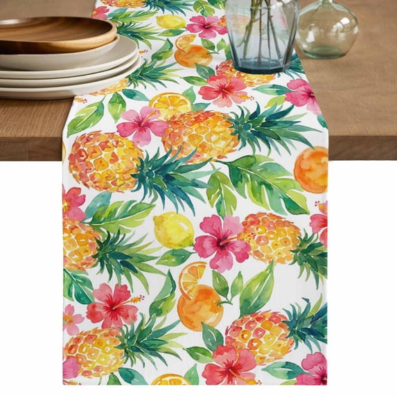 Summer Pineapple Table Runner 36 Inches, Tropical Fruits Lemon Watercolor Bed Runner Dresser Scarves Tabletop for Indoor Outdoor Parties/Ceremony/Banquet, 13"x 36"