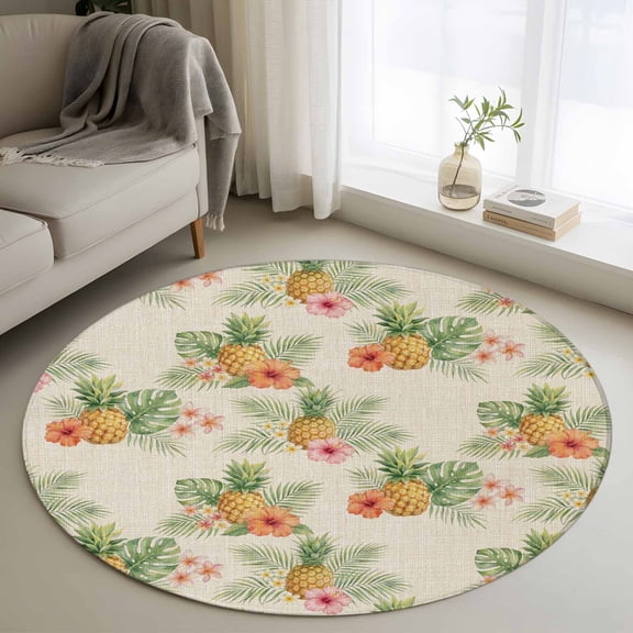 Summer Pineapple Washable Round Area Rug 3 ft, Monstera Leaf Rustic Linen Texture , Soft Non Slip Rugs Stain Repellent Indoor Felt Carpet for Living Dining Room Bedroom Home Office