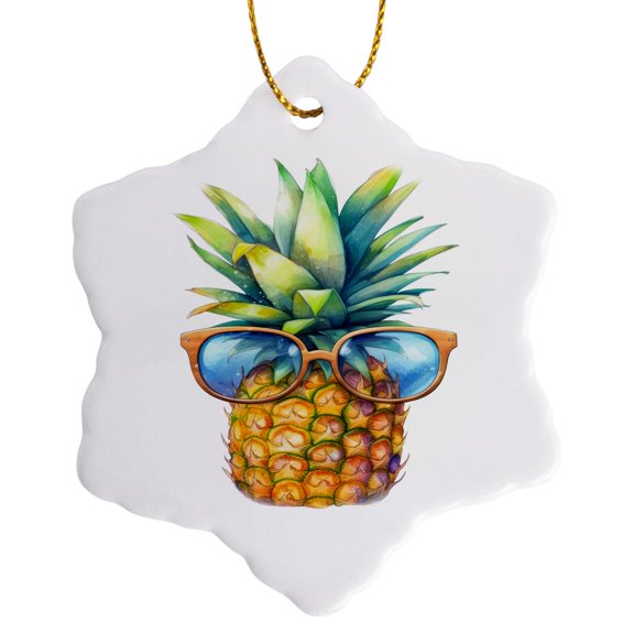 3drose, Summer Pineapple with Sunglasses Illustration, 3 inch Snowflake Porcelain Ornament