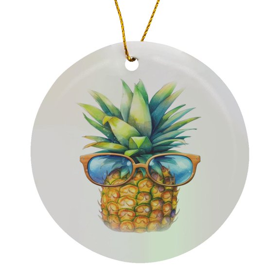 3drose, Summer Pineapple with Sunglasses Illustration, Circle Porcelain Ornament