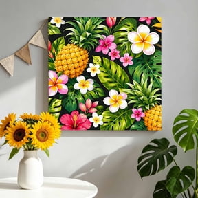 Summer Pineapples Canvas Wall Art, Country Tropical Island Pink Flowers Palm Leaf Pictures Wall Decor Wooden Framed Artwork Art Prints for Living Room Hallway Bedroom Office 16"x16"