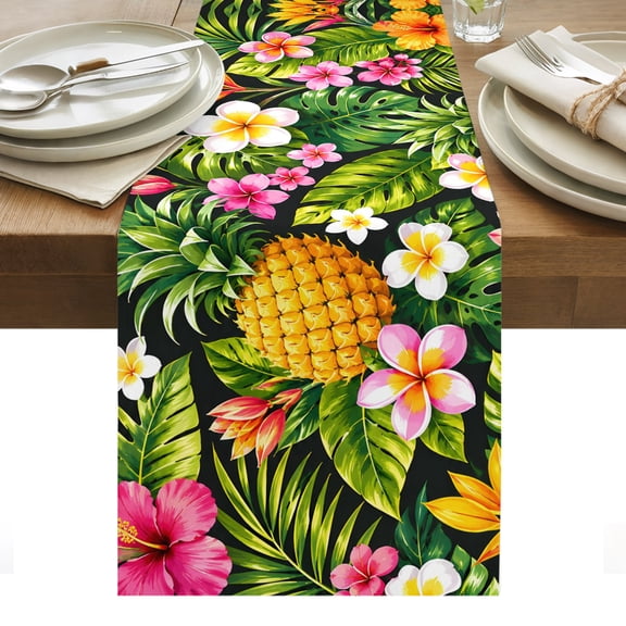 Summer Pineapples Table Runner, Country Tropical Island Pink Flowers Palm Leaf Washable Kitchen Table Runners Dress Scarves for Dining Table Decorations Party/Restaurant/Indoor Outdoor Use, 13x36in