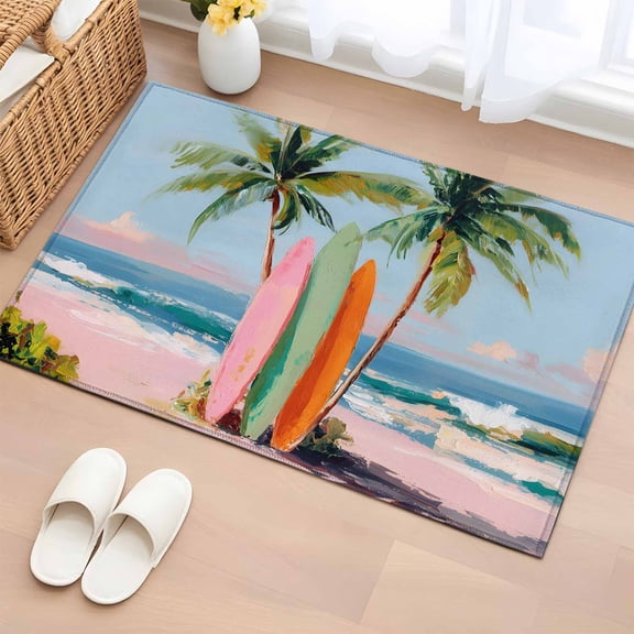 Summer Pink Beach 2'x3' Rug for Entryway Front Door Kitchen Sink Area, Oil Painting Ocean Surfboard Coconut Tree Low Pile Non Slip Rectangle Area Rug, Machine Washable Indoor Outdoor Mat