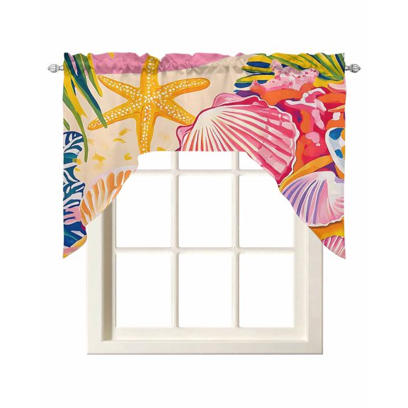 Summer Pink Beach Kitchen Swag Valances for Windows, Starfish Conch Shells Retro Tropical Leaves Swag Valances Curtains for Living Room, Rod Pocket Window Treatments for Bathroom, Cafe, 56"x36"
