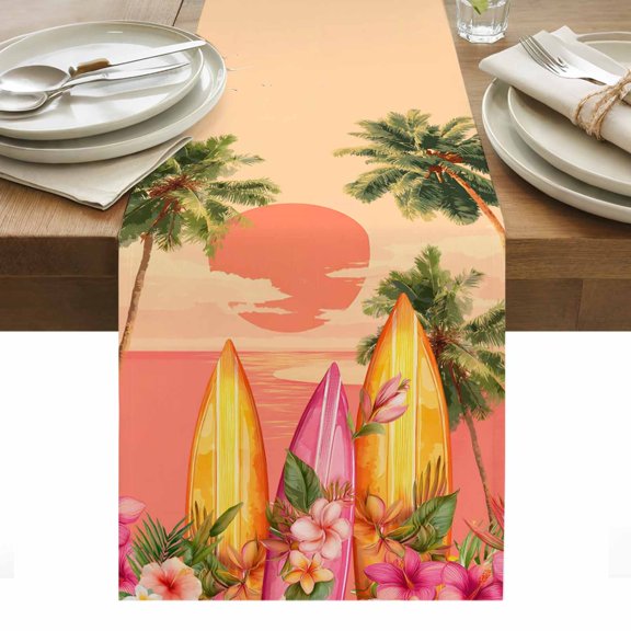 Summer Pink Beach Sunset Table Runner Tropical Palm Tree Coastal Surfboard Tablerunners 13 x 36 Inch, Table Decorations Tabletop Scarf for Summer Gathering Holiday Farmhouse Kitchen Dining Decor