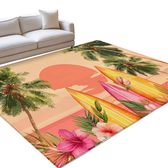 Summer Pink Beach Sunset Washable Rug 4x6 Area Rug for Living Room Bedroom Non Slip Indoor Floor Rectangle Carpet Large Tropical Palm Tree Coastal Surfboard Entryway Rugs for Dining Room Office Home