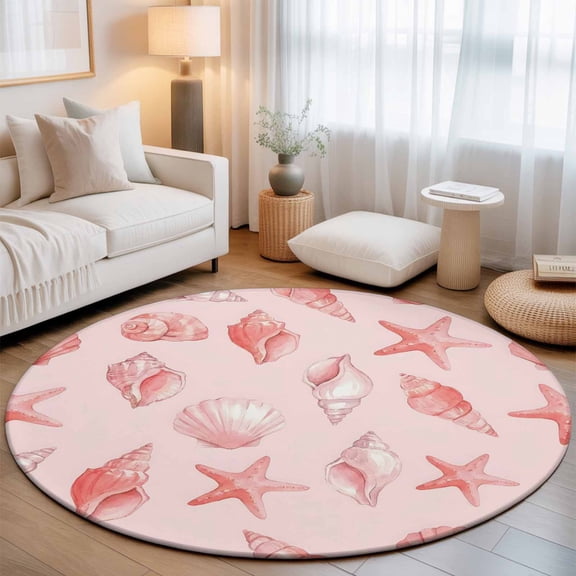 Summer Pink Conch Shell Starfish Round Rug 5ft Coastal Ocean Creature Washable Area Rugs for Living Room Bedroom Entryway Non Slip Entrance Door Mat Indoor Floor Carpet
