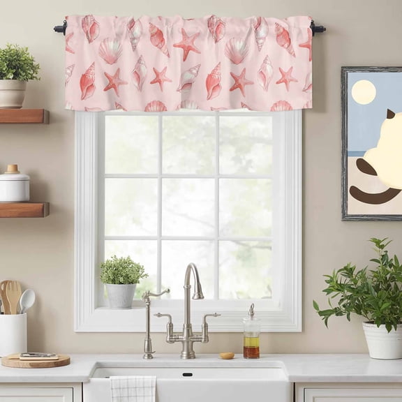 Summer Pink Conch Shell Starfish Valances for Windows,Kitchen Valance Rod Pocket Short Curtain, Coastal Ocean Creature Valance Curtain Window Valances for Bedroom Bathroom Living Room 54x18in