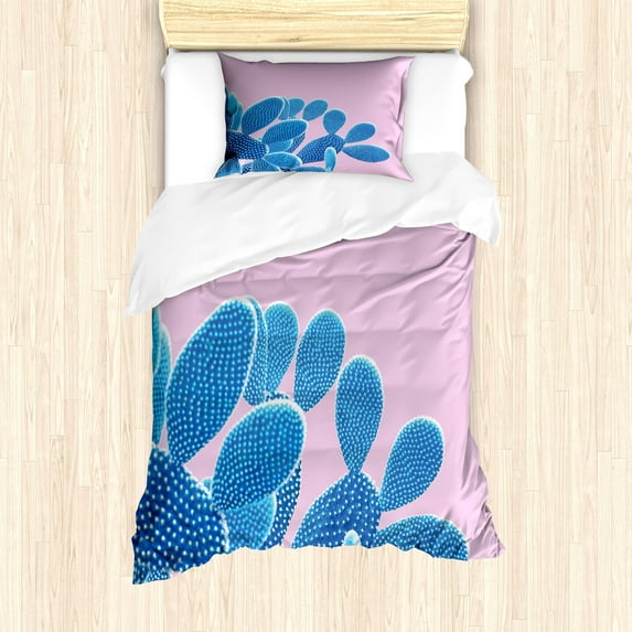 Summer Pink Duvet Cover Set, Modern Style Cactus Plant Design Summer Season Nature Illustration Art Print, Decorative 2 Piece Bedding Set with 1 Pillow Shams, Twin Size, Azure Blue, by Ambesonne