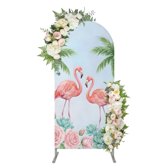 Summer Pink Flamingo Arch Backdrop Cover 5FT, Coastal Tropical Plants Flowers Spandex Fitted Stretchy Arch Stand Covers, Round Top Chiara Backdrop Cover for Wedding Party Birthday Baby Shower