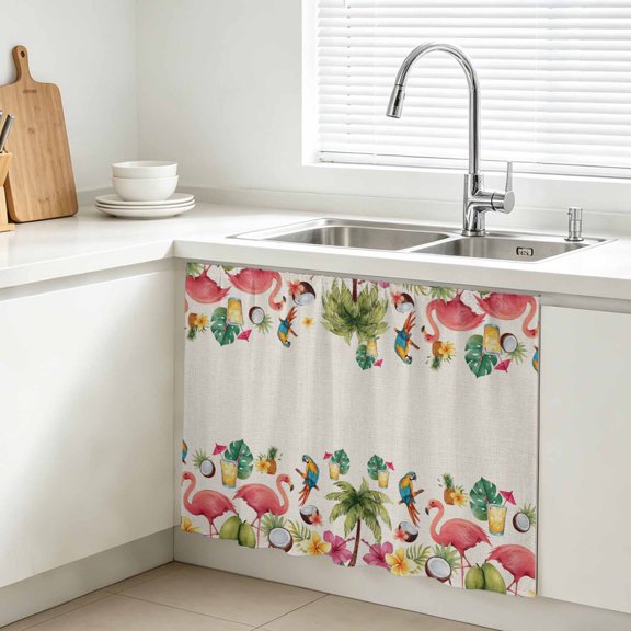 Summer Pink Flamingo Border Cabinet Curtain, Rustic Green Tropical Palm Linen Texture Sink Skirt for Bathroom, Under Sink shelf Curtain Privacy Drape for Kitchen Laundry Room 10x11in
