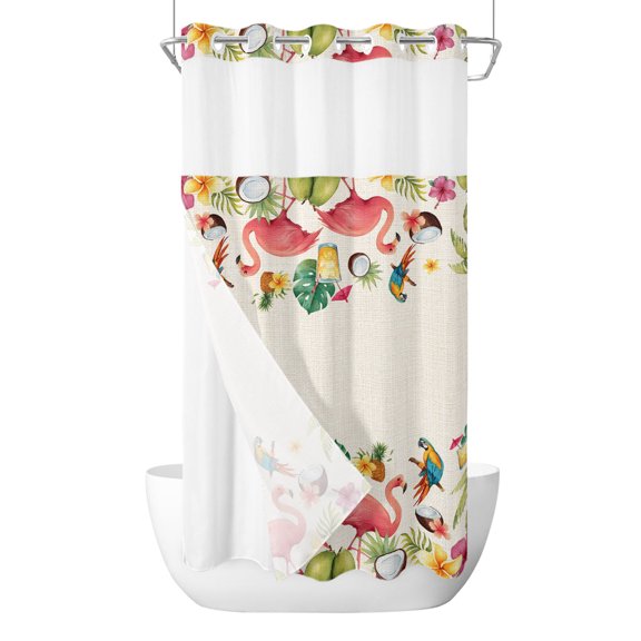 Summer Pink Flamingo Border No Hook Shower Curtain with Snap in Liner, Rustic Green Tropical Palm Linen Texture Waterproof Shower Curtains with See Through Top Window Liner for Bathroom, 36x72 Inches