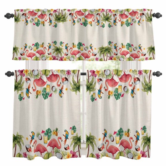 Summer Pink Flamingo Border Kitchen Curtains and Valances Set, Rustic Green Tropical Palm Linen Texture 3 Piece Curtains Valances and Tiers Set Rod Pocket for Kitchen Bathroom Windows 24 Inch