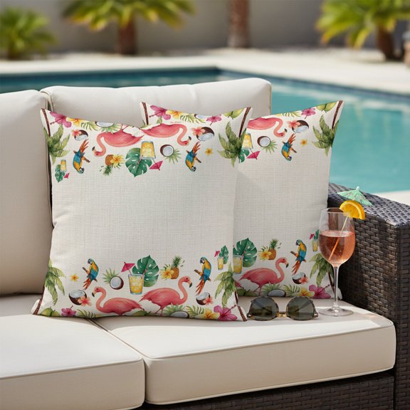 Summer Pink Flamingo Border Outdoor Waterproof Throw Pillow Covers Set of 2, 16"x16", Rustic Green Tropical Palm Linen Texture Decorative Pillow Covers Outside Cushion Case for Patio Porch Garden