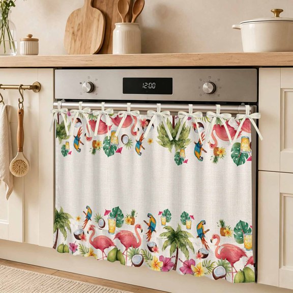 Summer Pink Flamingo Border Oven Curtain Skirt Rustic Green Tropical Palm Linen Texture Stove Cover Skirt Tie Top Kitchen Decorative Stove Curtain with Ribbon Ties for Dishwasher Cabinet 30"x21.5"