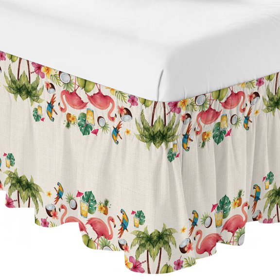 Summer Pink Flamingo Border Ruffle Bed Skirt Queen Size Rustic Green Tropical Palm Linen Texture Adjustable Elastic Dust Bed Skirts Wrap Around Bedskirt Wrinkle Free Easy Fit with 16 Inch Drop