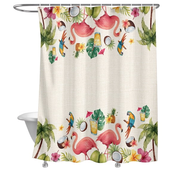 Summer Pink Flamingo Border Shower Curtain, Rustic Green Tropical Palm Linen Texture Lightweight Waterproof Fabric Shower Curtain with Rustproof Grommets for Bathroom Bathtub 36x72in