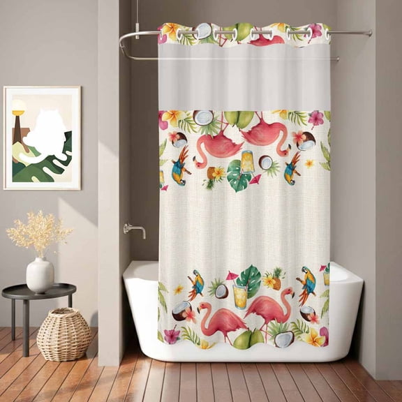 Summer Pink Flamingo Border Shower Curtain, Rustic Green Tropical Palm Linen Texture Waterproof No Hooks Bath Shower Curtain with See Through Top Window for Bathroom Bathtub 36x72in