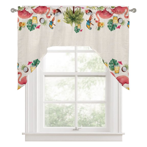 Summer Pink Flamingo Border Swag Curtain Valance for Windows, Rustic Green Tropical Palm Linen Texture Swag Curtains Drapes Rod Pocket for Kitchen Bathroom Small Window, 1 Panel 56x36in