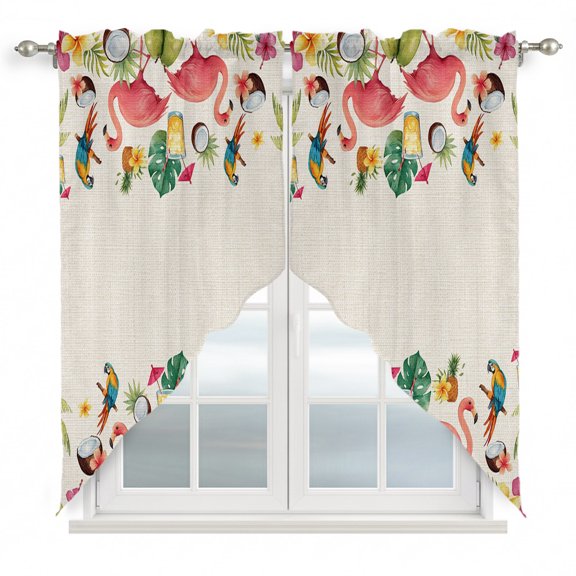 Summer Pink Flamingo Border Swag Valance Curtains Rustic Green Tropical Palm Linen Texture Rod Pocket Swag Curtains Small Window Treatments for Kitchen Bathroom Bedroom 28" W x 36" L, 2 Panels
