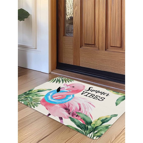 Summer Pink Flamingo Door Mat Indoor Outdoor Entrance, Non Slip Rug for Kitchen Bathroom Entryway Rug, Beach Tropical Palm Leaves Washable Doormat Floor Mat for Office Home Decor 24x36 Inch