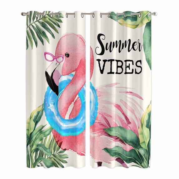 Summer Pink Flamingo Kitchen Curtains 84 Inch Length, Beach Tropical Palm Leaves Grommet Top Bedroom Living Room Curtains, Light Filtering Cafe Curtain Drapes 2 Panels Set 84''x84''