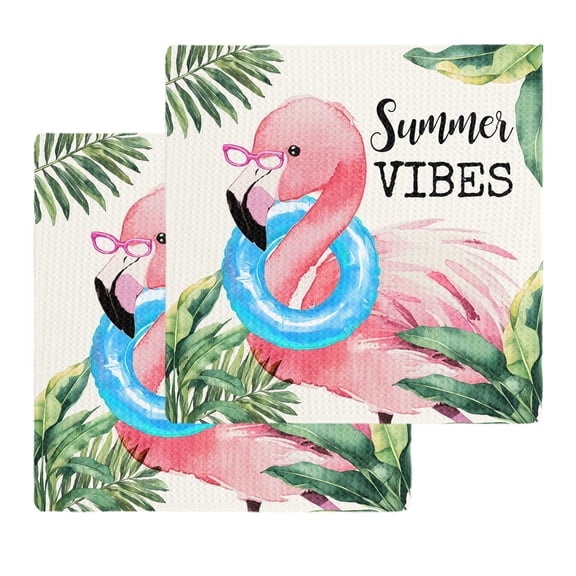 Summer Pink Flamingo Kitchen Dish Towels for Drying Dishes Set of 2, Beach Tropical Palm Leaves Waffle Weave Microfiber Hand Tea Bathroom Towels Quick Dry & Absorbent Towel 12x12