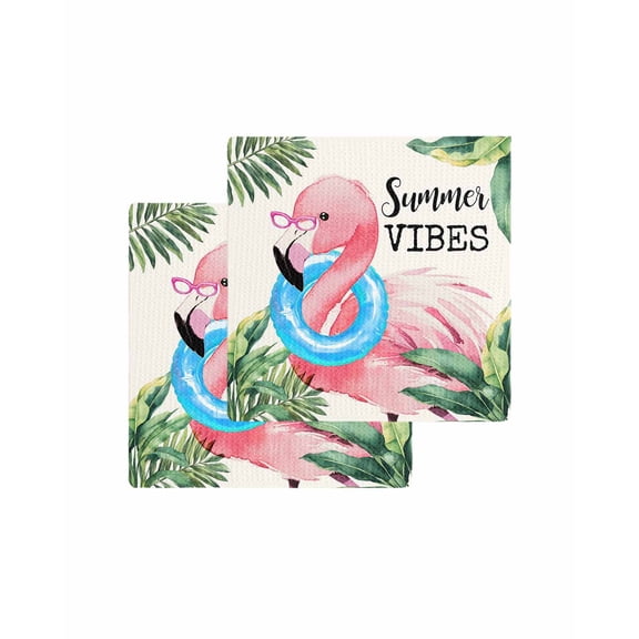 Summer Pink Flamingo Kitchen Dish Towels for Drying Dishes Set of 2, Beach Tropical Palm Leaves Waffle Weave Microfiber Terry Hand Tea Bathroom Towels Quick Dry & Absorbent Towel 12x12