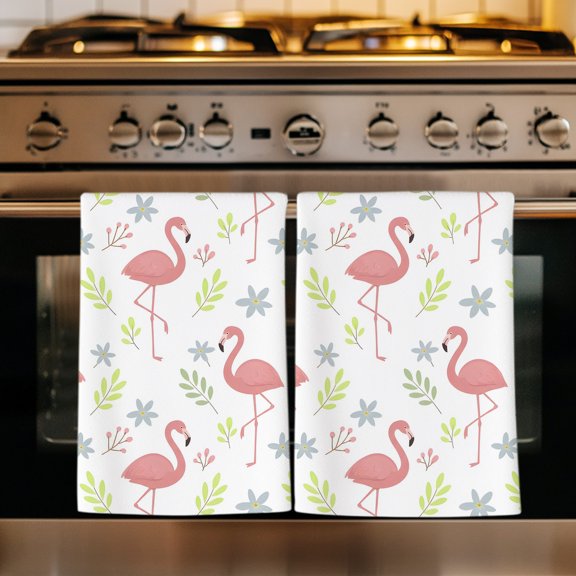Summer Pink Flamingo Kitchen Towels Set of 1, Cartoon Tropical Animals Rustic Leaves Absorbent Dish Towels for Kitchen, Microfiber Hand Towel, Quick Drying Tea Towel for Cleaning Dishcloths