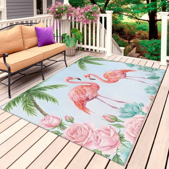 Summer Pink Flamingo Outdoor Rug for Patio/Deck/Porch, Non-Slip Large Area Rug 3 x 5 Ft, Coastal Tropical Plants Flowers Indoor Outdoor Rugs Washable Area Rugs, Reversible Camping Rug Carpet Runner