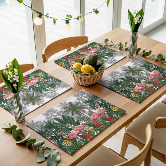 Summer Pink Flamingo Palm Leaf Placemats Set of 4,Wipeable Washable Table Mats for Dining Tables, Tropical Animal Plant Tree Place Mats for Kitchen Event Party Tabletop Decor