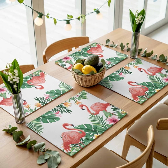 Summer Pink Flamingo Palm Leaf Placemats Set of 4,Wipeable Washable Table Mats for Dining Tables, Tropical Flower Plant Animal Place Mats for Kitchen Event Party Tabletop Decor
