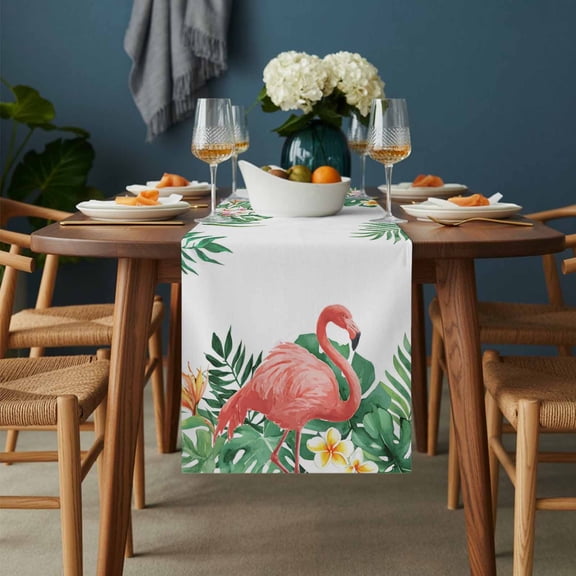 Summer Pink Flamingo Palm Leaf Table Runner-36 Inch Long Tropical Flower Plant Animal Table Runners Linen Burlap Tablerunner for Kitchen Dining Room Holiday Party