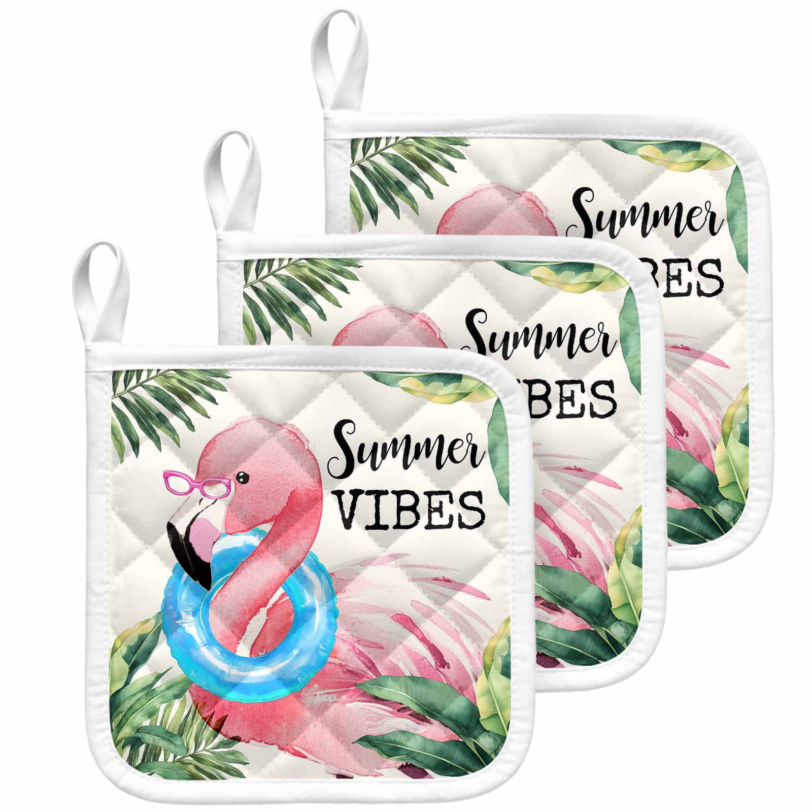 Summer Pink Flamingo Pot Holders for Kitchen Heatproof Potholder, 3 Pack Beach Tropical Palm Leaves Hot Pads Multipurpose Oven Pads Cloth Potholders Trivet for Cooking Baking