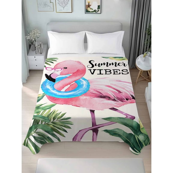 Summer Pink Flamingo Queen Size Flat Sheet, Wrinkleproof & Fadeproof Cooling Flat Bed Sheet Only, Beach Tropical Palm Leaves Breathable Soft Bedding Top Sheets 90 x 102 Inches