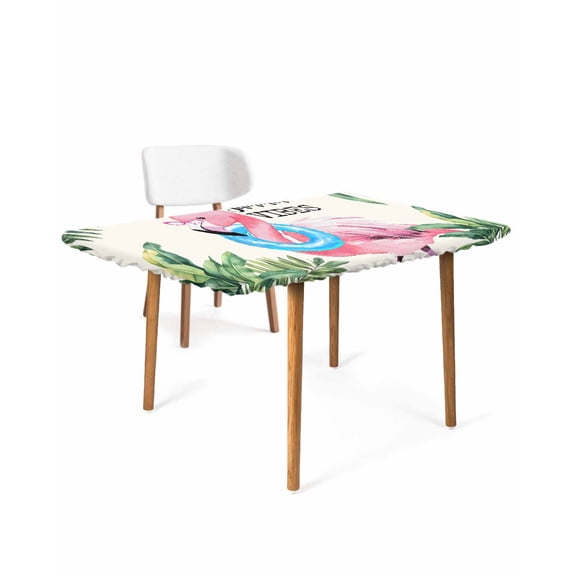 Summer Pink Flamingo Rectangle Tablecloth, Waterproof Elastic Fitted Table Covers for 4 Foot Tables, 24x50inch Decorative Tablecloths for Picnic, Camping, Indoor, Outdoor, Beach Tropical Palm Leaves